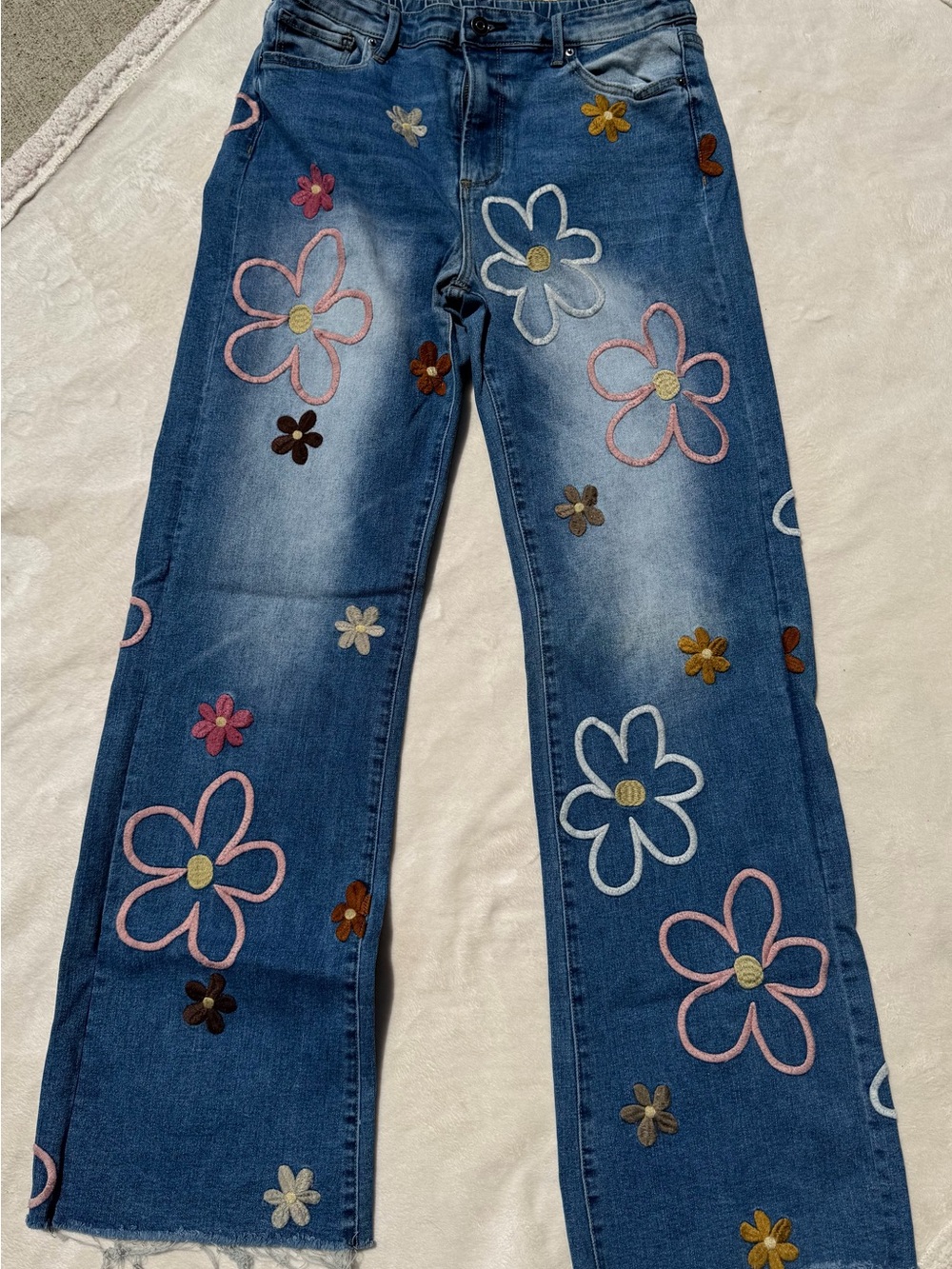 OH Jeans Blue Denim Wide-Leg Jeans with Multicolor Embroidered Floral Appliqués